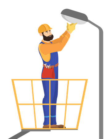 Electricity worker in the uniform repair street light  Illustration