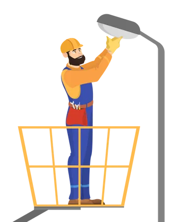 Electricity worker in the uniform repair street light Illustration