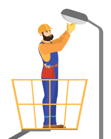 Electricity worker in the uniform repair street light  Illustration