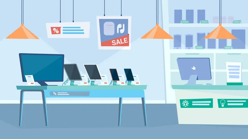 Gadget Shop Interior Banner In Flat Cartoon Design Table With Monitor Smartphones And Tablets Showcase Of Electronics Store Cash Desk Discount Offers Vector Illustration Of Web Background Illustration