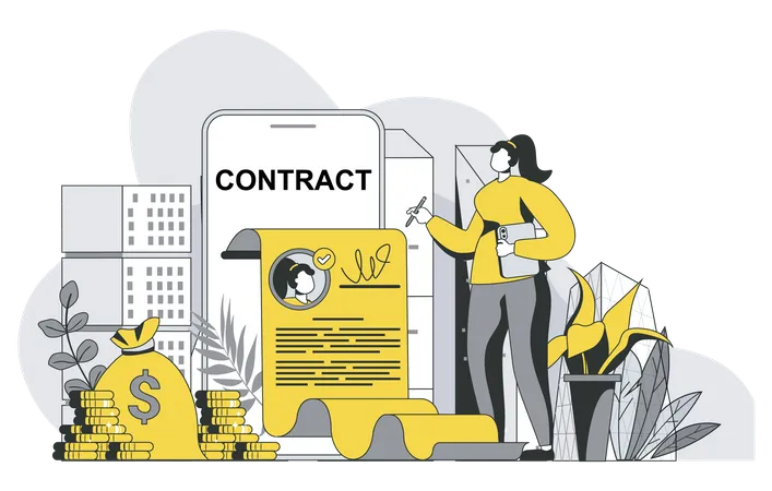Electronic Contract Concept With Outline People Scene Woman Signing Electronic Agreements With Digital Signature Making Business Deal Online Vector Illustration In Flat Line Design For Web Template Illustration