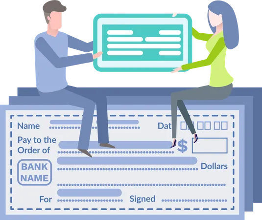 Empty Financial Account Electronic Form Filling Template Sitting Man And Woman Holding Online Payment Card Blue Blank Pay And Order Dollars Vector Illustration