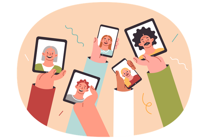 Electronic gadgets in hands people with photographs concept video calls to family members  Illustration
