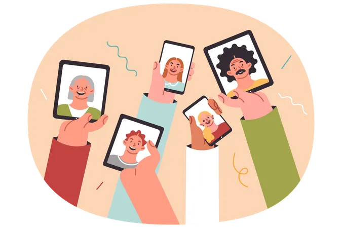 Electronic gadgets in hands people with photographs concept video calls to family members  Illustration
