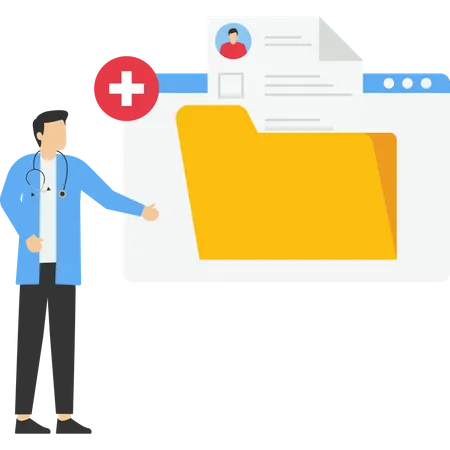 Concept Of Electronic Health Records And Online Medical Services Doctor In The Hospital Reading EMR Of The Patient Patients Carry Out Online Consultations With Specialist Doctors Vector Illustration Illustration