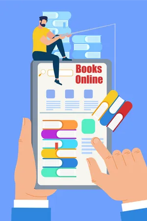 Young Man Sitting With Fishing Rod On Top Of Huge Smartphone In Human Hands And Catching Books At Screen Electronic Library And Computing Reading Online Education Cartoon Flat Vector Illustration Illustration