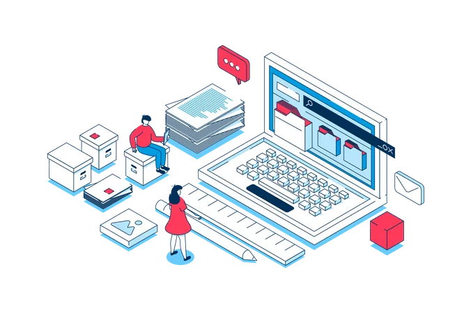 Electronic Organization Files Concept In 3 D Isometric Design People Working With Digital Database Organizing Files In Folders On Laptop Vector Illustration With Isometry Scene For Web Graphic Illustration