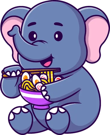 Elefante comendo macarrão ramen  Ilustração