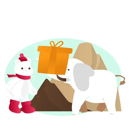 Elefante dando presente para boneco de neve  Ilustração