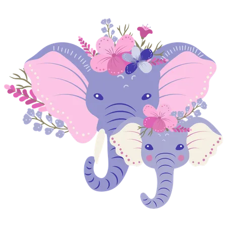 Mãe elefante e bebê elefante com flores  Ilustração