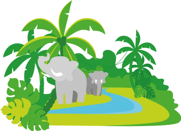 Elefantes En La Selva Ilustracion Vectorial 2 D Aislada Animales Salvajes Vagando Por Personajes Planos De La Selva Tropical Sobre Fondo De Dibujos Animados Elefantes Africanos Del Bosque Que Viven En Una Escena Colorida De Bosques Densos Ilustración