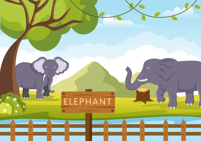 Elefantes en el zoológico  Ilustración