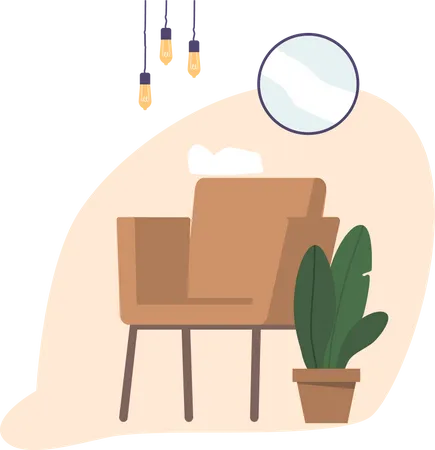 Cozy Room Interior Adorned With An Elegant Armchair Complemented By A Vibrant Potted Plant Hanging Lamps And Round Mirror Creating A Serene And Inviting Atmosphere Cartoon Vector Illustration Illustration