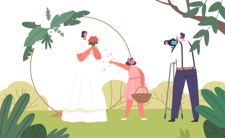Elegant Bride Character Radiating Joy Poses Gracefully Amidst Scenic Garden Backdrop With Arch Photographer Captures Her Blissful Moments Immortalizing The Beauty And Happiness Of Her Special Day Illustration