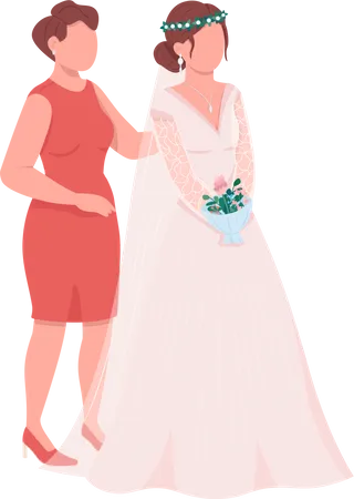 Elegant Bride With Mother Semi Flat Color Vector Character Posing Figure Full Body Person On White Prepare For Ceremony Isolated Modern Cartoon Style Illustration For Graphic Design And Animation Illustration