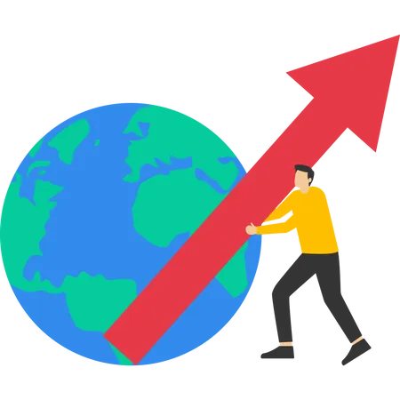 Business Growing World Economy Improving Or Improving Elegant Businessman Worker With Globe Planet And Up Arrow Vector Illustration Design Illustration