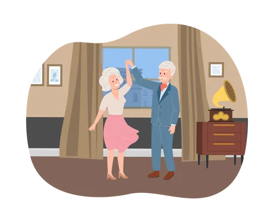 Elegant elderly couple dancing at home  Illustration