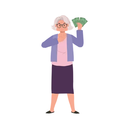Money Concept Illustration Elegant Elderly Lady Showing Retirement Funds Granny Showing Money Fan Illustration
