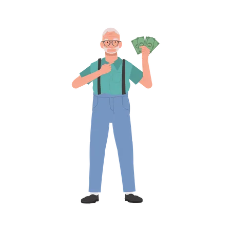 Money Concept Illustration Elegant Elderly Man Showing Retirement Funds Granny Showing Money Fan Illustration