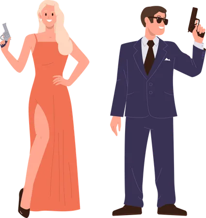 Elegant Fashion Couple Of Super Agent Cartoon Character Undercover Providing Investigation Vector Illustration Beautiful Lady And Handsome Gentleman Detectives With Pistols Man And Woman Spies Illustration
