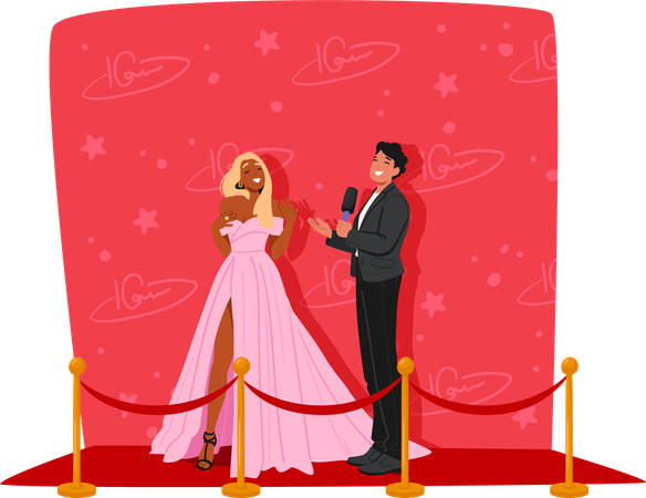 Elegant Female Celebrity In Pink Gown Is Being Interviewed By Male Reporter On Red Carpet  Illustration