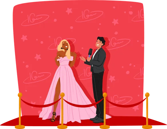 Elegant Female Celebrity In Pink Gown Is Being Interviewed By Male Reporter On Red Carpet  Illustration