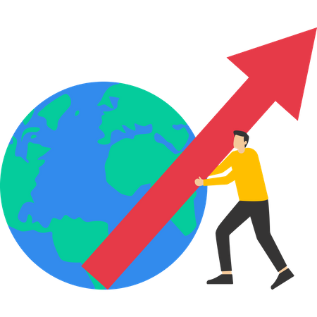 Travailleur d'homme d'affaires élégant avec planète globe et flèche vers le haut  Illustration