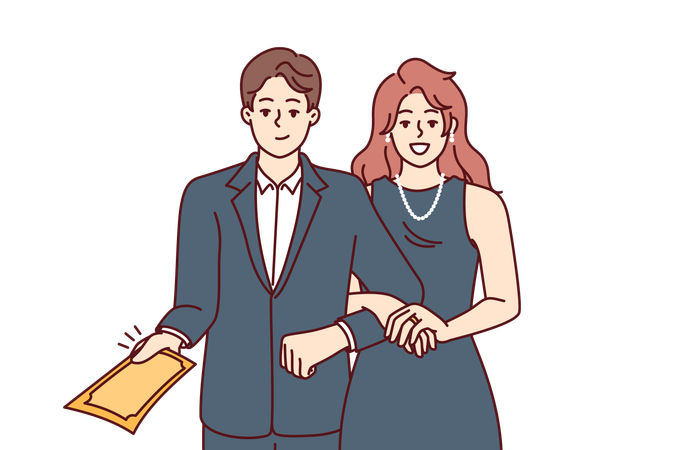 Elegant man and woman in formal evening wear for event demonstrating invitation to ceremony  イラスト