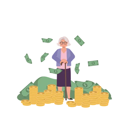 Elegant Retirement Wealth Concept Senior Lady Surrounded By Money Rich Elderly Woman Enjoying Financial Success Illustration