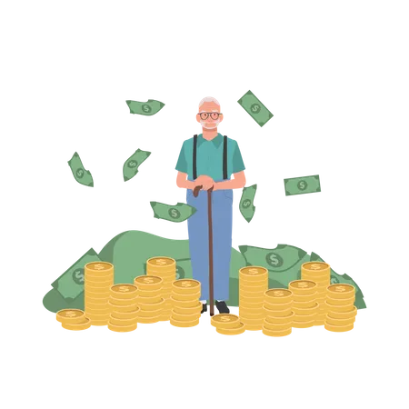 Elegant Retirement Wealth Concept Senior Man Surrounded By Money Rich Elderly Man Enjoying Financial Success Illustration