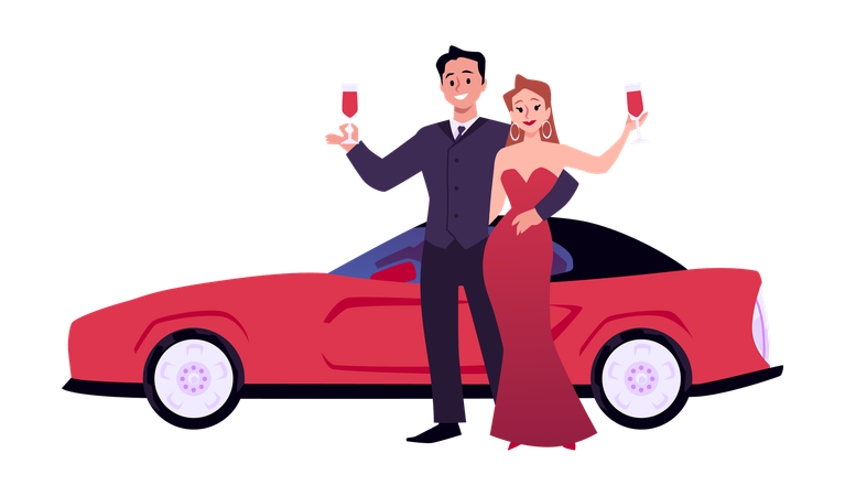 Elegant rich couple with wineglass near an expensive red sports car  Illustration