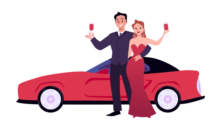 Elegant rich couple with wineglass near an expensive red sports car  Illustration