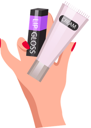 Elegant woman hand holding lip gloss and cream  Illustration