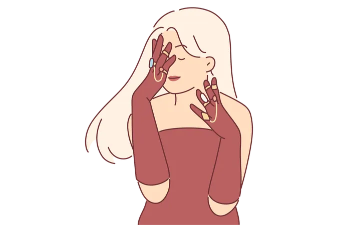 Elegant woman in evening dress covers face with hands, wanting to show off gold rings and jewelry  イラスト
