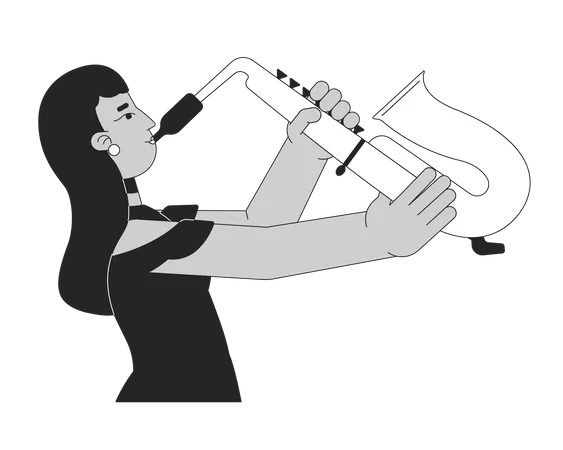 Elegant Indian Woman Playing Saxophone Black And White 2 D Line Cartoon Character South Asian Female Holding Sax Isolated Vector Outline Person Jazz Saxophonist Monochromatic Flat Spot Illustration Illustration
