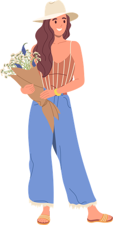 Jeune femme élégante tenant un bouquet de fleurs de printemps  Illustration