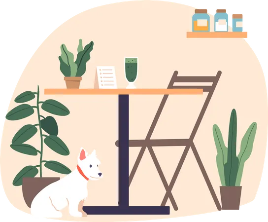 Xicara De Smoothie Verde Em Uma Elegante Mesa De Cafe Com Cachorro Sentado Nas Proximidades Convidando Os Clientes A Saborear Suas Bebidas Refrescantes Em Meio A Uma Atmosfera Moderna E Vibrante Ilustra O Vetorial De Desenho Animado Ilustração