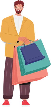 Elegante y moderno chico de moda que compra con bolsas de compras  Ilustración