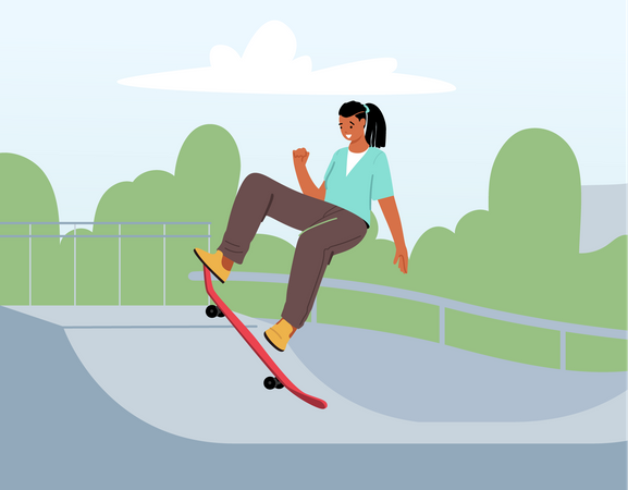 Adolescente patinador estiloso pulando em alta velocidade a bordo  Ilustração