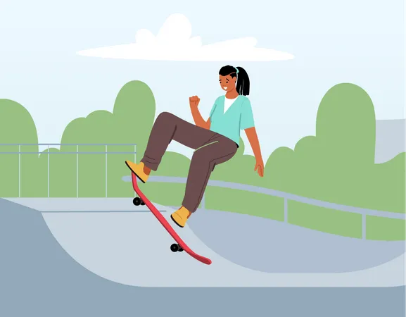 Adolescente patinador con estilo saltando a alta velocidad a bordo  Ilustración