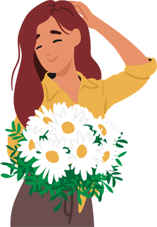 Graciosa doncella posando con un ramo de flores de manzanilla, cuyos delicados pétalos reflejan su juventud  Ilustración