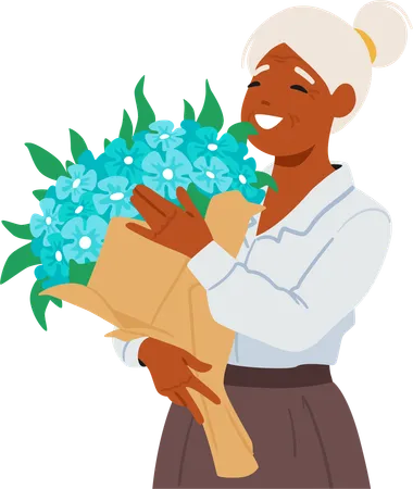 El elegante personaje de una anciana negra sostiene un vibrante ramo de flores de color azul brillante que irradia alegría. Anciana recibe regalo  Ilustración