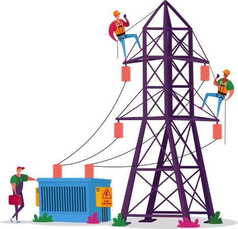 Elektriker arbeiten am Sendemast  Illustration