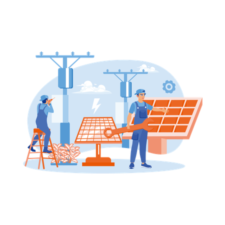 Elektriker führt Wartungsarbeiten an Solarmodulen durch  Illustration