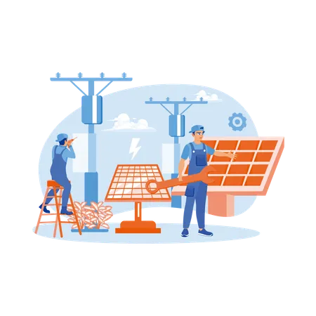 Elektriker führt Wartungsarbeiten an Solarmodulen durch  Illustration