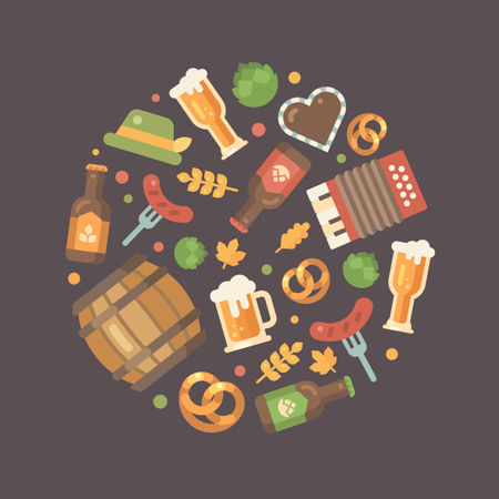 Elementos esenciales del Oktoberfest dispuestos en círculo  Ilustración