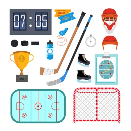 Vector De Conjunto De Iconos De Hockey Sobre Hielo Simbolos Y Accesorios Del Hockey Sobre Hielo Ilustracion Plana Aislada Ilustración