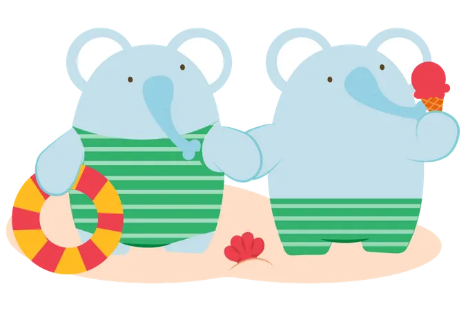 Elephant Couple Relax On The Beach Holding Lifebuoy And Ice Cream Cone In Hand With Happiness On Summer Holiday Animal Cartoon Character Vector Illustration Illustration
