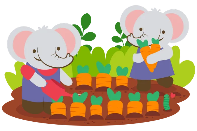 Elephant family planting carrot together Illustration