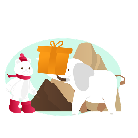 Elephant giving gift to snowman  Illustration